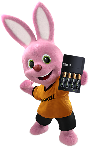 Bunny met batterijlader met vier batterijen erin