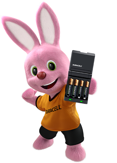 Bunny met batterijlader met vier oplaadbare batterijen erin