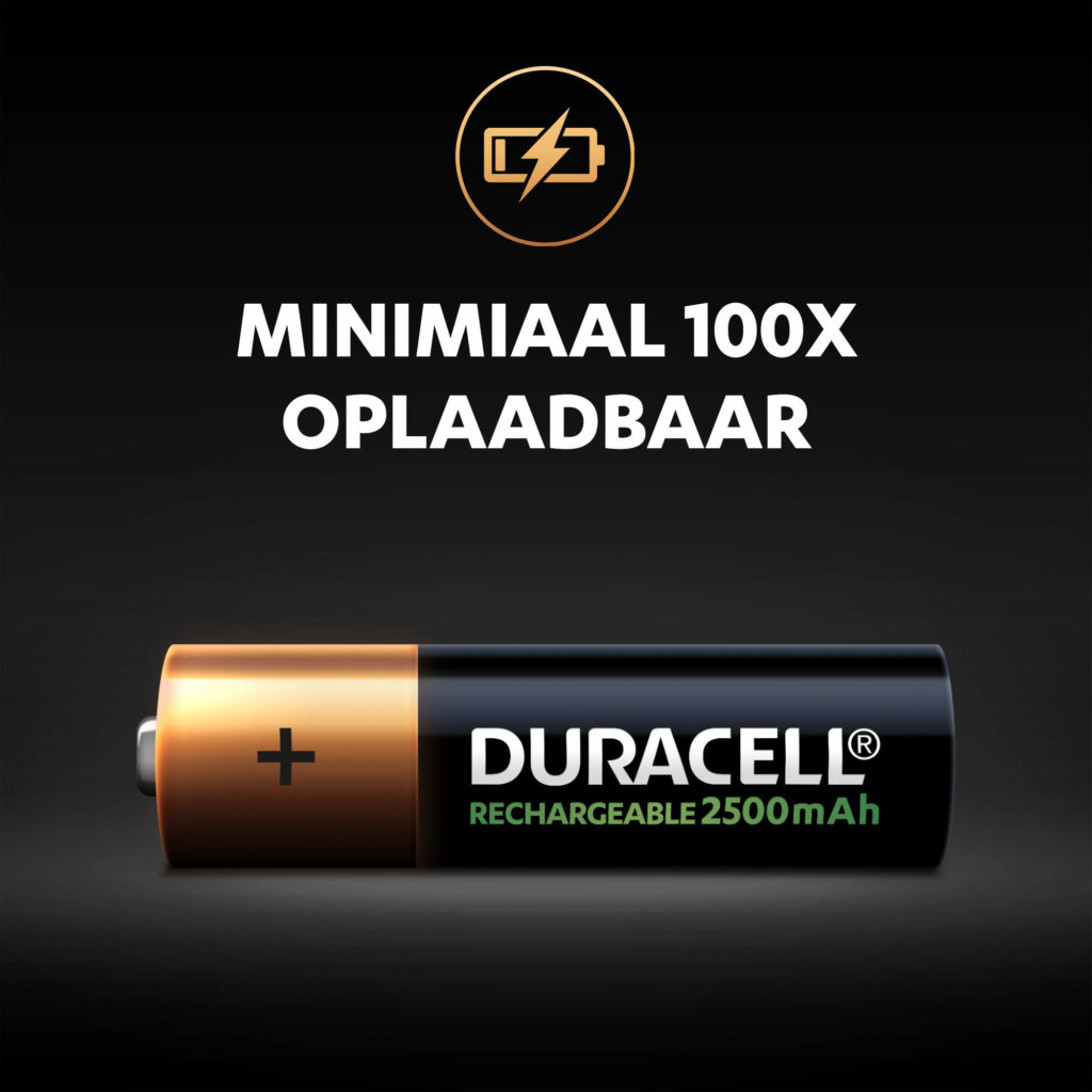 Duracell oplaadbare AA-batterij van 2500 mAh kan tot 100 keer worden opgeladen