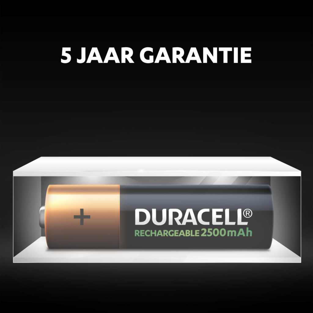 Duracell oplaadbare batterijen van AA-formaat blijven tot 5 jaar lang fris en van stroom voorzien in omgevingsopslag