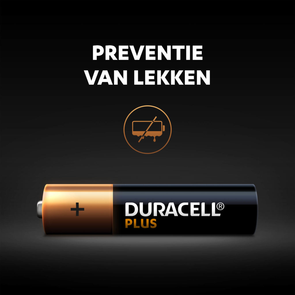 Ongebruikte Duracell Alkaline Plus AAA-batterijen blijven tot 10 jaar lang vers en gevoed in omgevingsopslag