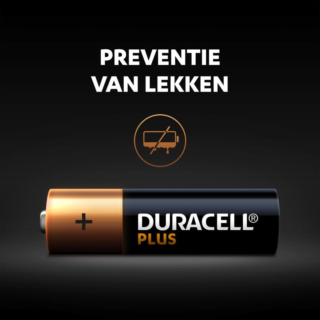 Ongebruikte Duracell Alkaline Plus AA-batterijen blijven tot 10 jaar lang vers en gevoed in omgevingsopslag